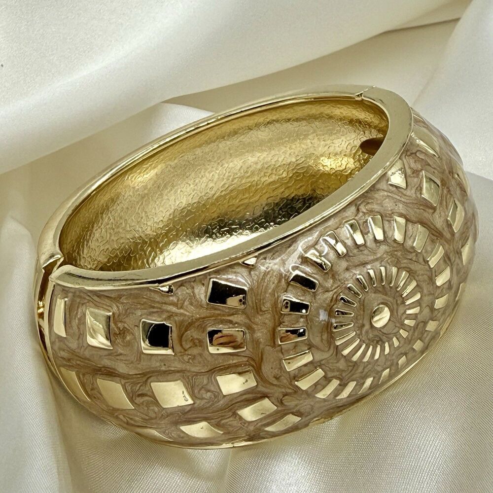 GOLD TONE Metal Bubble Shape Wide Hinged Cuff Bracelet Champagne Enamel Sun
